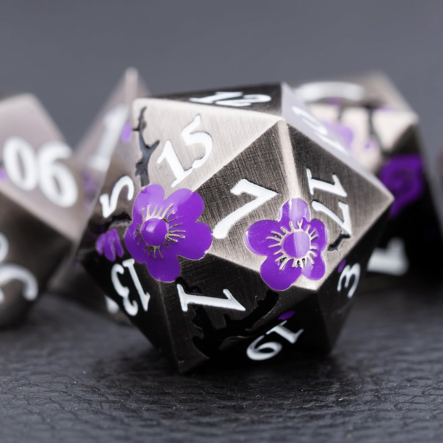 Black Metal DND Dice Set with Gift Case for Dungeons and Dragon, 7 PCS Solid Metal Dice for Tabletop Game(Antique Nickel-Purple)
