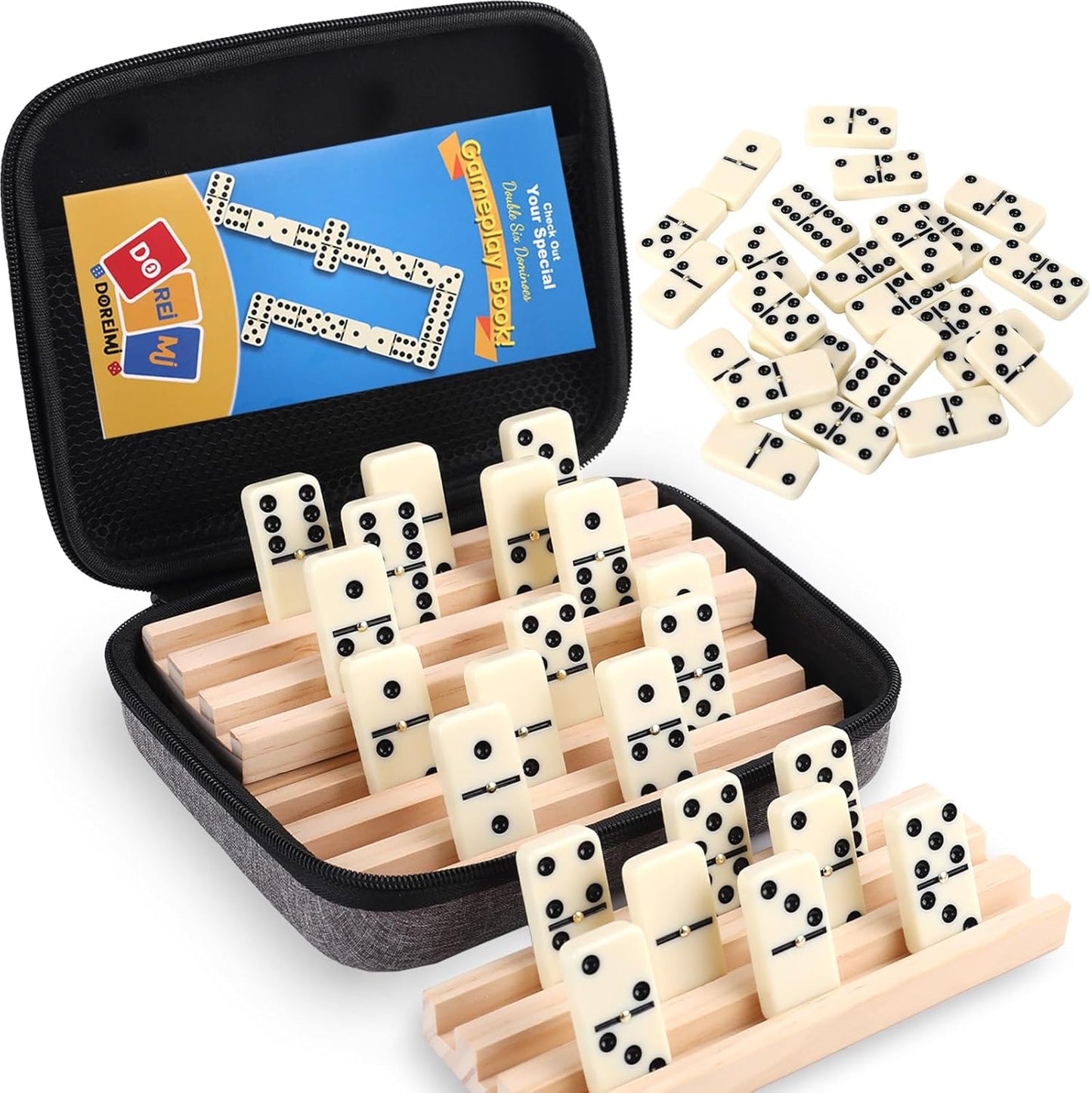Double 6 Dominos Set for Adults with 4 Wooden Racks & 28 Tiles Travel Dominoes Set Classic Board Game for Family Game Night