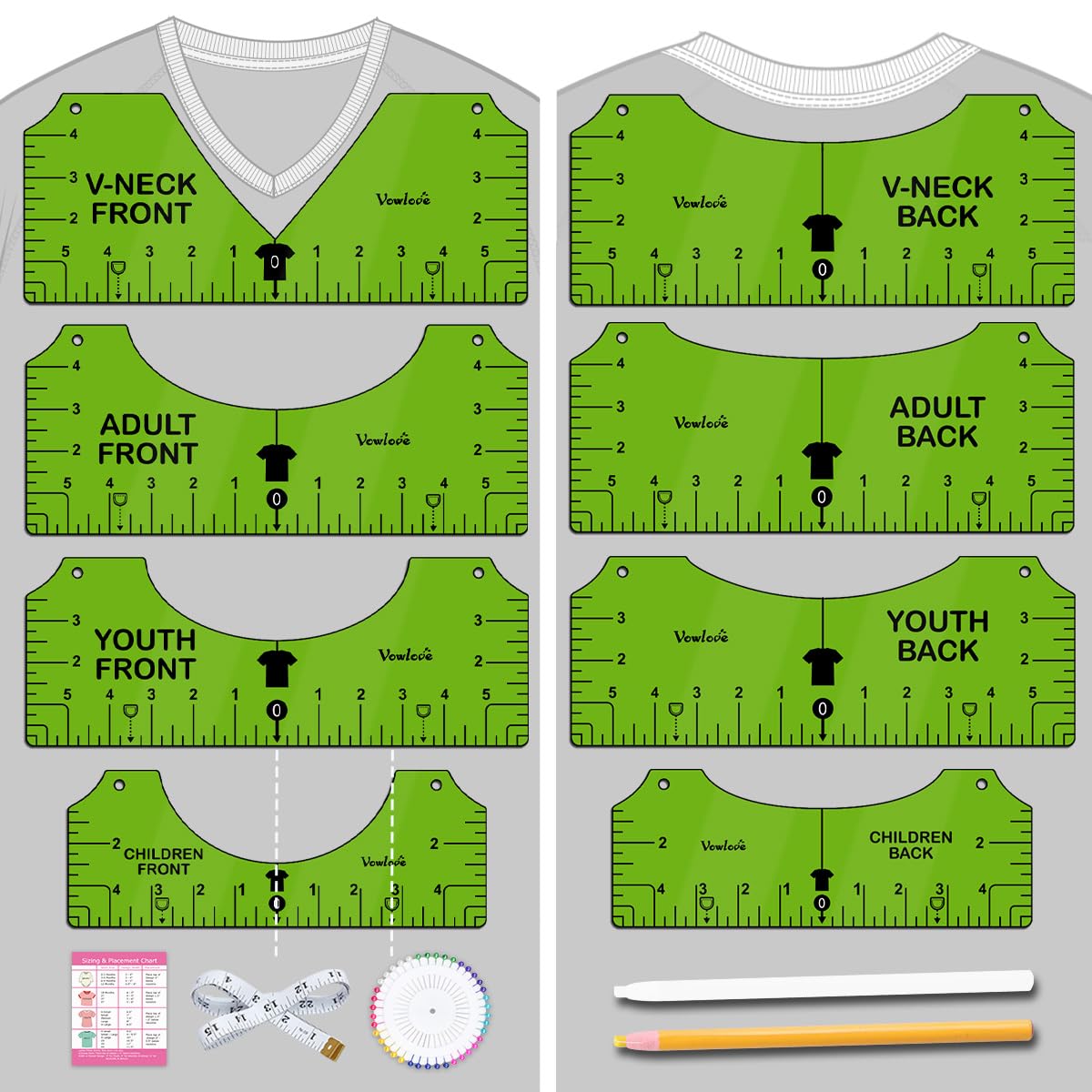 Vowlove Tshirt Ruler Guide for Vinyl Alignment: T Shirt Ruler to Center Design, Tee Measurement Tools, Heat Press Accessories for Sublimation, HTV Heat Transfer Vinyl Press, Screen Printing