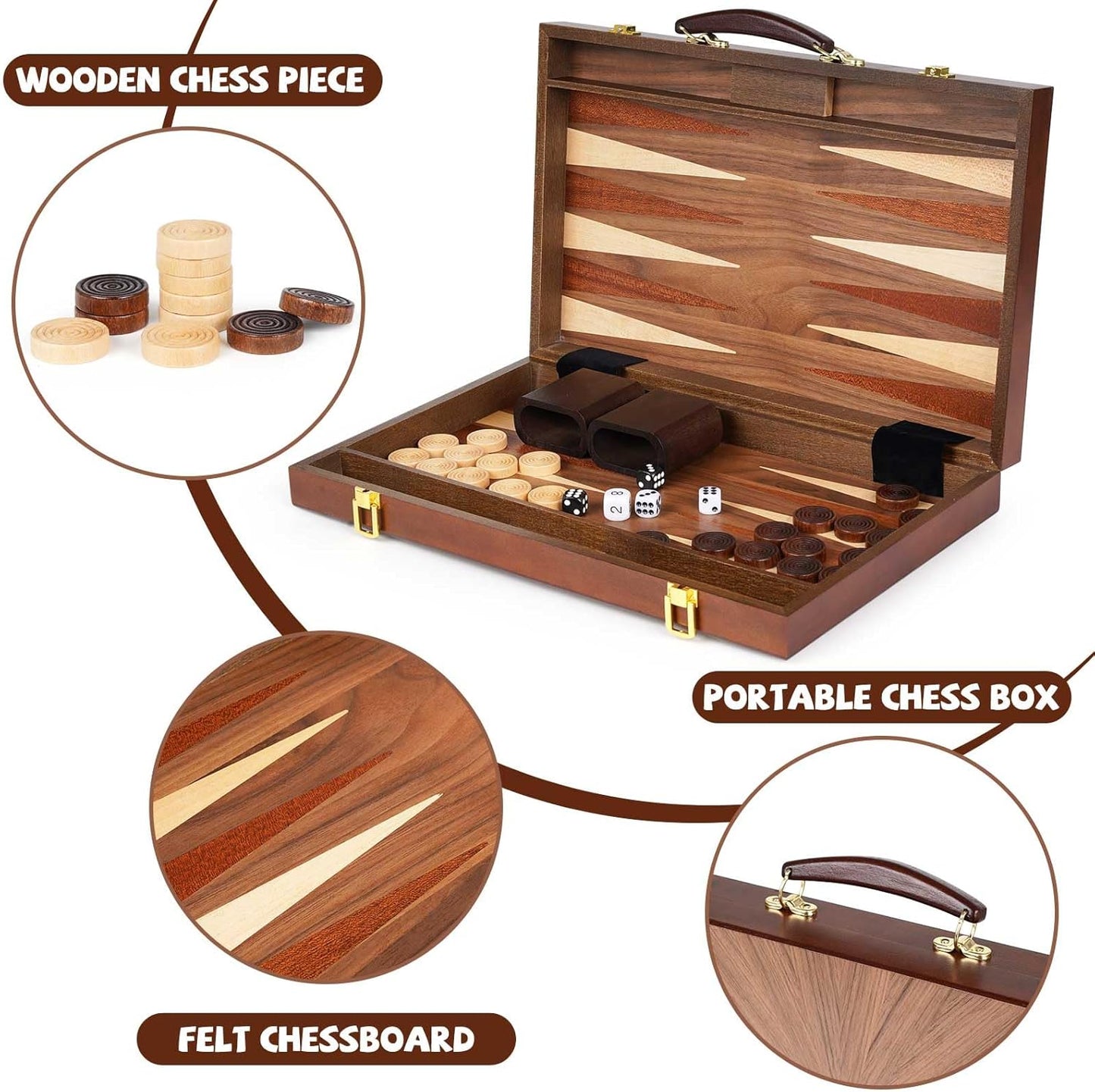 Wooden Backgammon Board Game Set (15 Inches) for Adults and Kids - Classic Board Strategy Game - Portable and Travel Set Family Game Night Vintage Backgammon Strategy Game