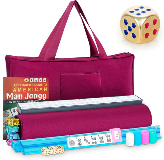 New American Mahjong Game Set, 166 Premium White Tiles with Portable Metal Dices, 4 All-in-One Racks with Pushers, Mah-Jong Games Sets, Ma Jong Tile Game (Red)