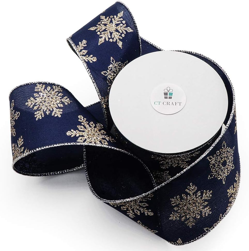 CT CRAFT LLC Navy Satin Gold Snowflake Wired Ribbon 2.5 Inch x 10 Yards for Christmas Home Decor Tree Topper Bow Gift Wrapping DIY Crafts Wreath Garland