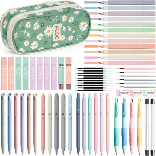 65PCS Aesthetic School Supplies with Cute Pencil Case, Pastel Highlighters Gel Pens Mechanical Pencils Set 0.5 0.7 & 2.0mm, Office Back to School Supplies College Essentials Kit Student Stationary Set