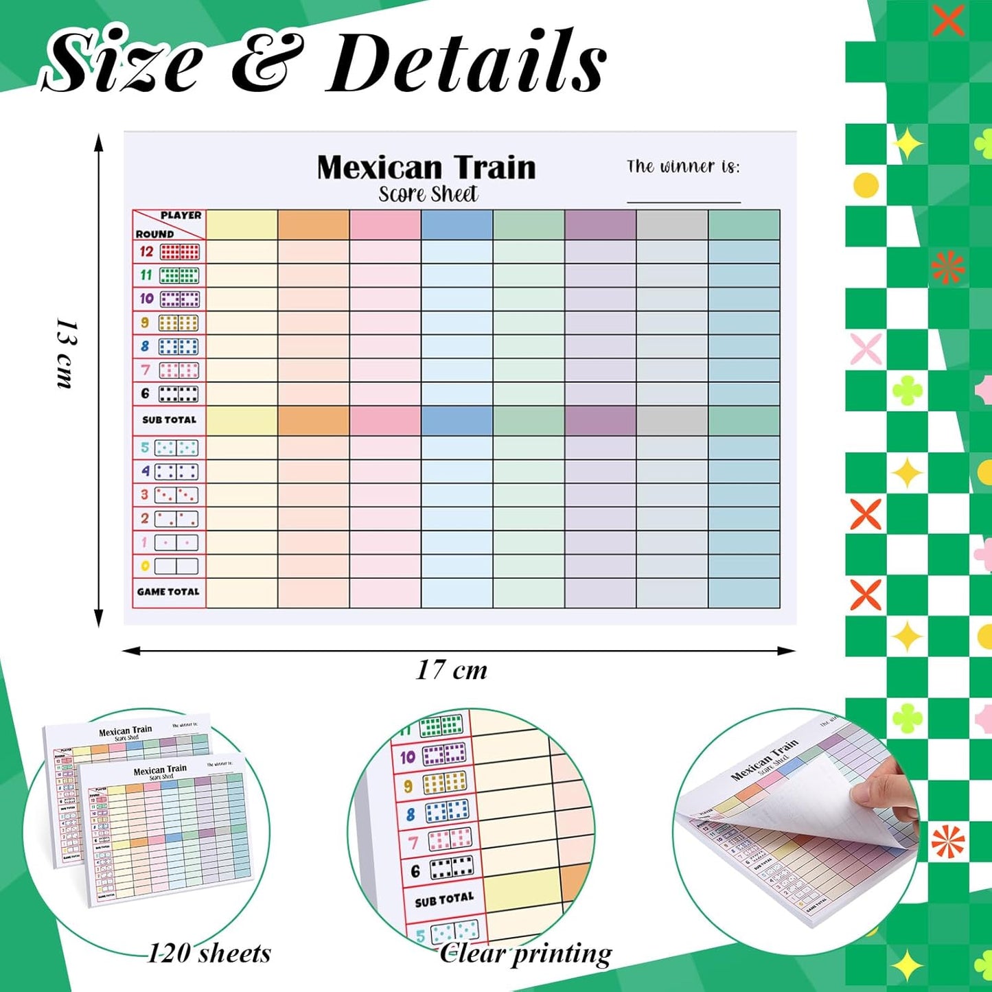 2 Pack 120 Sheets Mexican Train Score Pads Colorful Chicken Foot Dominoes Game Scorepad Adult Mexican Train Score Sheet Scoreboard Paper Record Clearly for Family Game (6.7 x 5 Inches)