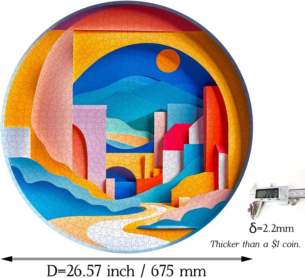 Bgraamiens 3D Visual Sunrise in The Distance 1000 Pieces Round Puzzle for Adult,Unique Modern Art