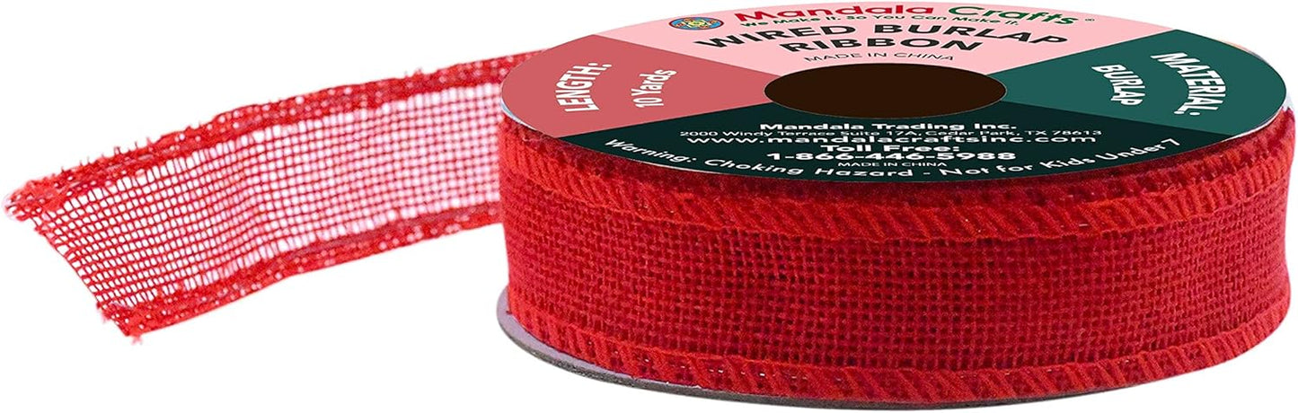 Mandala Crafts Red Burlap Wired Ribbon 1 Inches Wide Jute Ribbons for Crafts - 10 Yds Roll Rustic Burlap Wrap Trim Ribbons for Wreaths Bows Party Decoration