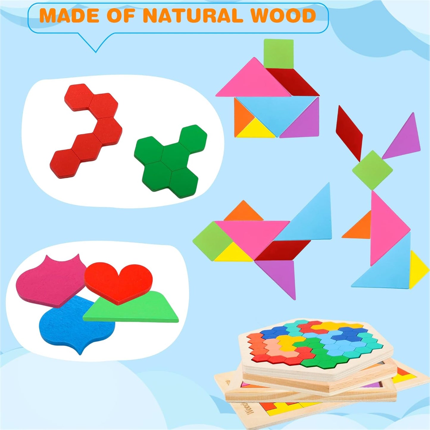 5 Pack Wooden Tangrams Puzzle Set Wooden Hexagon Puzzle Wood Russian Blocks Tangram Puzzle Brain Teaser Puzzles for Kids Adults 3D Logic Intelligence IQ Game Gift