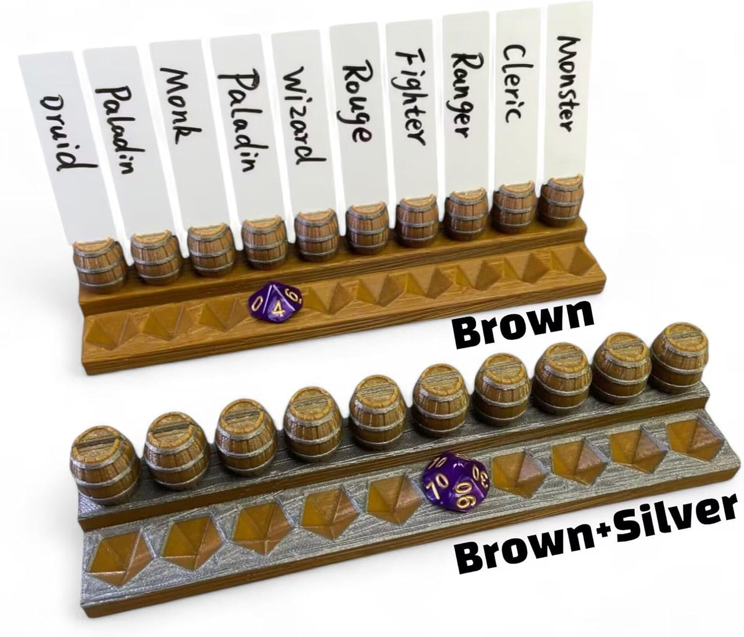 Initiative Tracker with 10 Barrel Slots, Erasable Name Tags, and Dice for Tracking Order. Ideal for DND and Other TTRPGs Brown