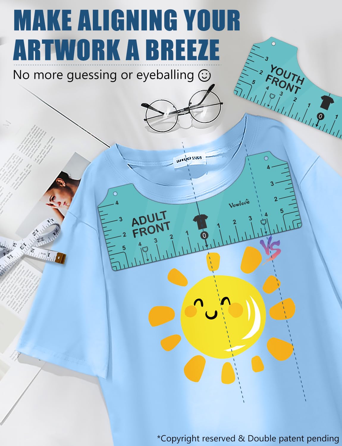 Vowlove Tshirt Ruler Guide for Vinyl Alignment - T Shirt Measure Rulers Guide, Shirt Measurement Centering Tool Heat Press Screen Printing V-Neck Embroidery Accessories Sublimation Blanks Product