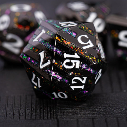 Metal Dice Set DND,Metallic Glitter Stripes D&D Dice Set,7 PCS Polyhedral Dice Set with Gift Case for Dungeons and Dragons Tabletop Game(Black Nickel Bicolor)