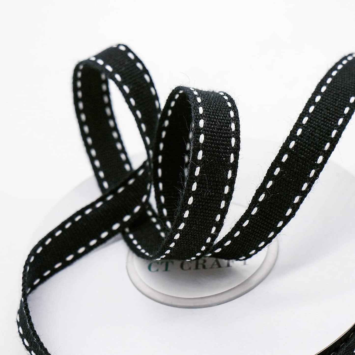 CT CRAFT LLC Black Cotton White Stitched Ribbon 3/8" x 10 Yards for Home Décor Gift Present Wrapping DIY Crafts Birthday Wedding Bouquet Christmas