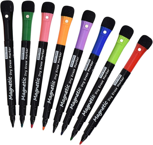 Magnetic Dry Erase Markers, (8 Pack) Dealkits Low Odor White Board Markers Whiteboard Markers with Erasers for Kids Teacher Supplies for Classroom Work on White Board, Calender, Fine Tip Point