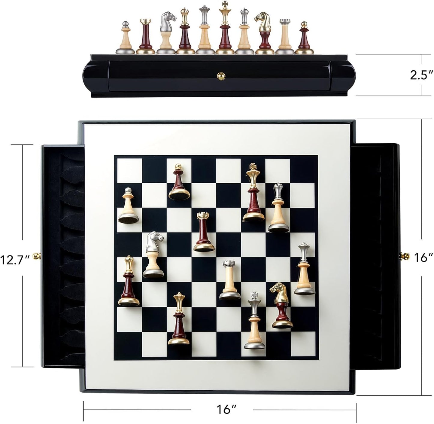 AMEROUS 16 Inches Wooden Chess Set, Large Size Board with 2 Built-in Storage Drawers - 2 Extra Queens - Metallic & Wooden Chess Pieces - Gift Packaging, Board Games for Adults and Kids
