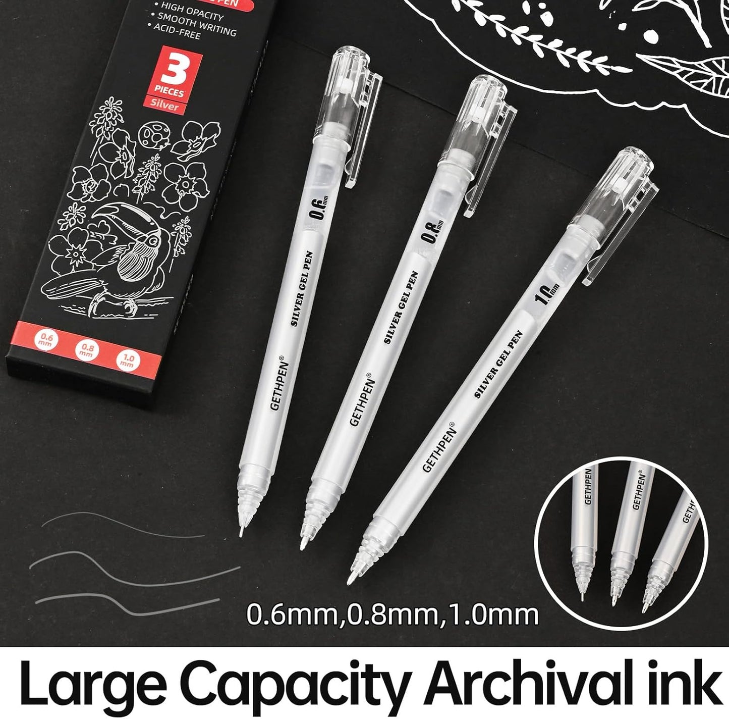 Silver Gel Pens 3-Pack - 0.6/0.8/1.0mm Fine Point Opaque Silver Archival Ink Pen for Black Paper Drawing, Sketching, Illustration, Bullet Journaling