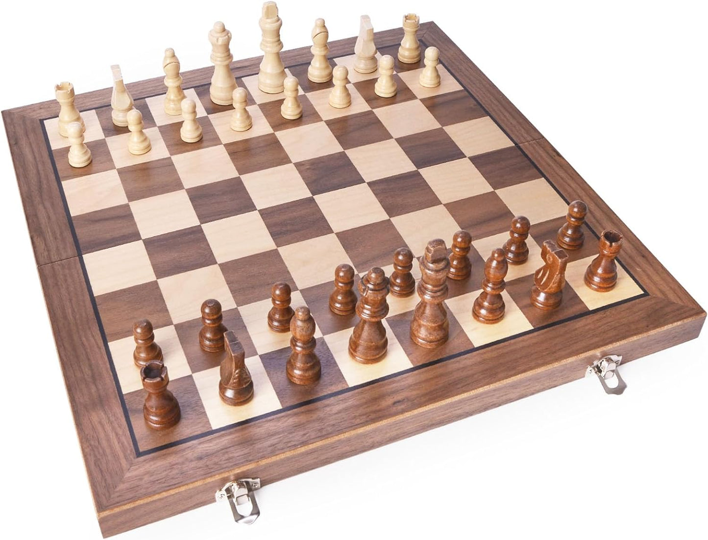 AMEROUS 15 Inches Magnetic Wooden Chess Set with 2 Extra Queens/Folding Board/Chess Pieces Storage Slots/Instructions, Portable Travel Chess Game for Beginner/Classic Board Game