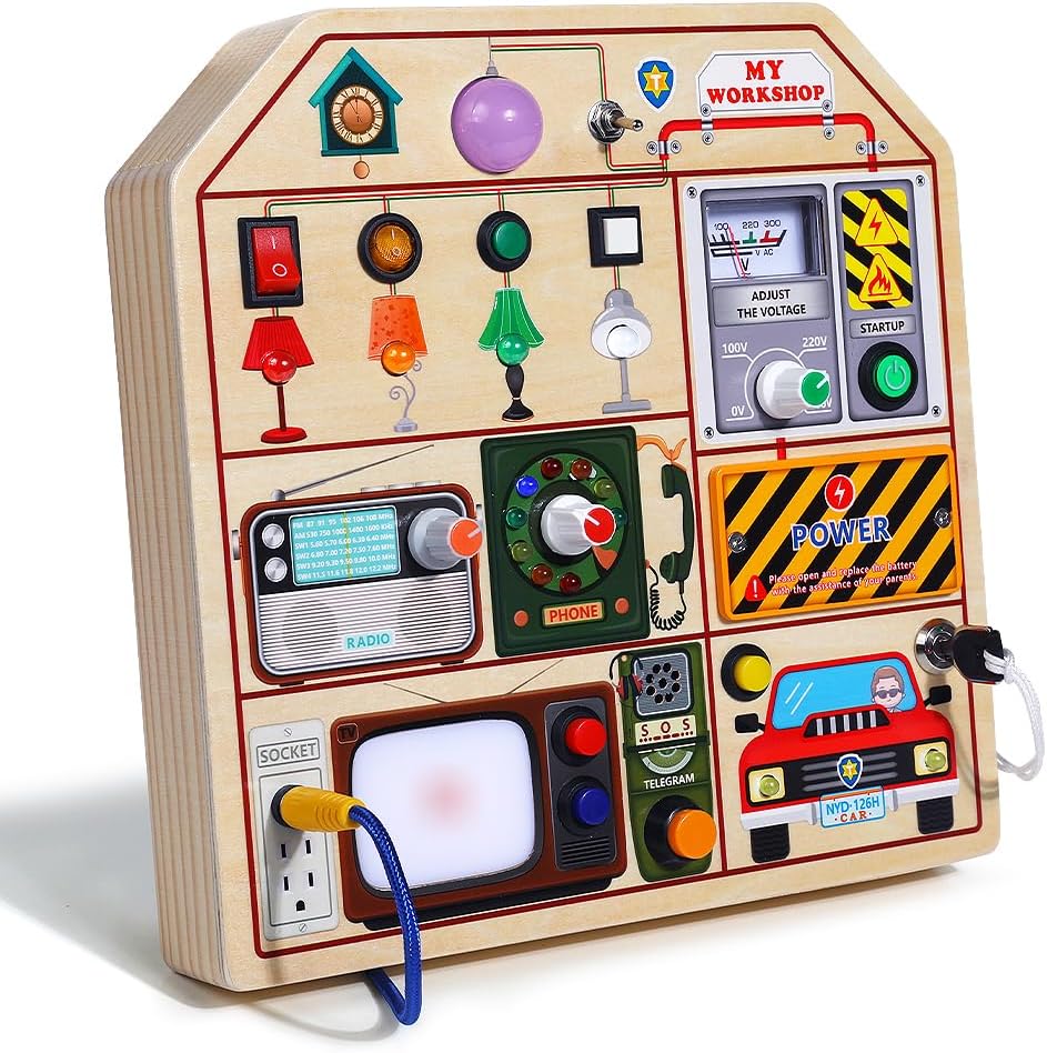 JAUNTY Montessori Wooden Busy Board for Toddlers 3 4 5 Years Old, Wooden Sensory Toddler Toys with LED Light Switches, TV Radio Telegram and Car Driving, Travel Toys Birthday for Boys Girls