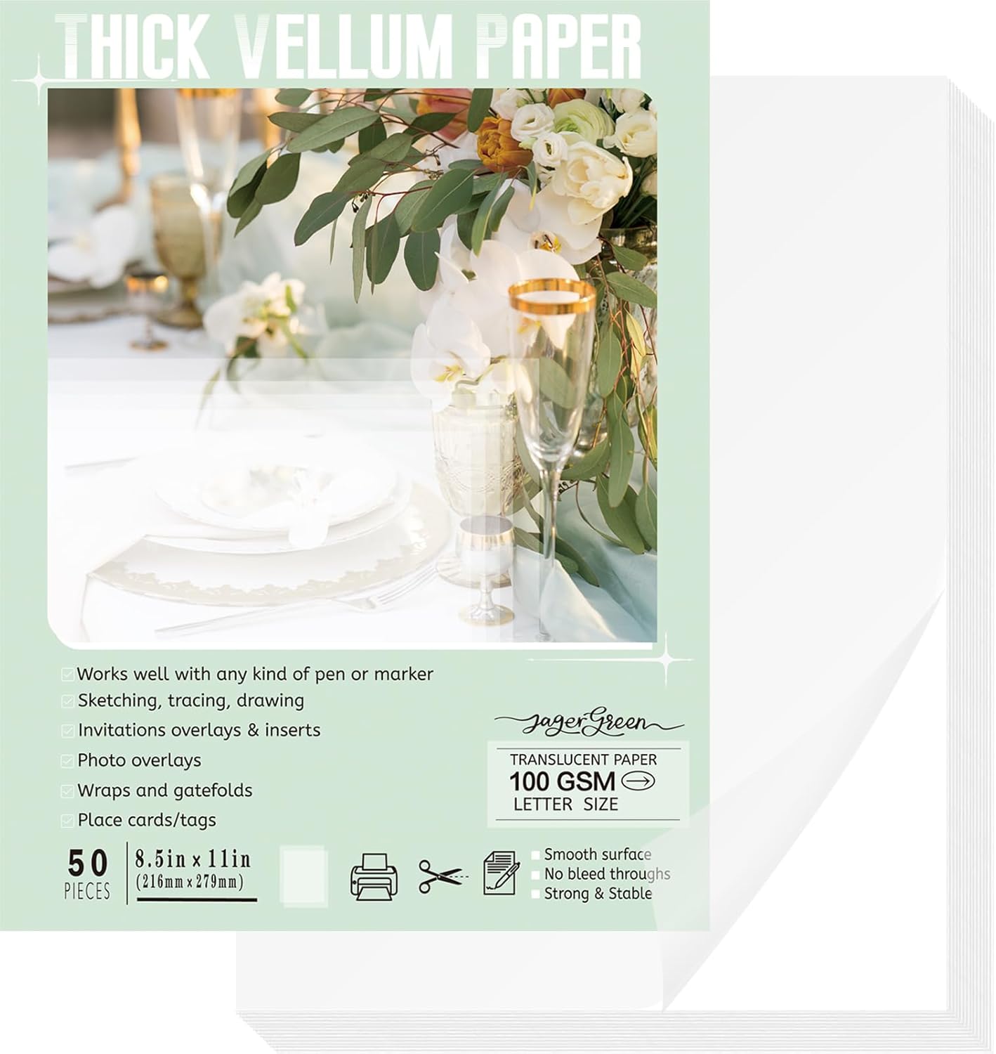JAGERGREEN Vellum Paper 8.5 x 11 Inches 100GSM 50 Sheets, Thick Translucent Printable Vellum Paper for Invitations, Belly Bands, Tracing, Sketching