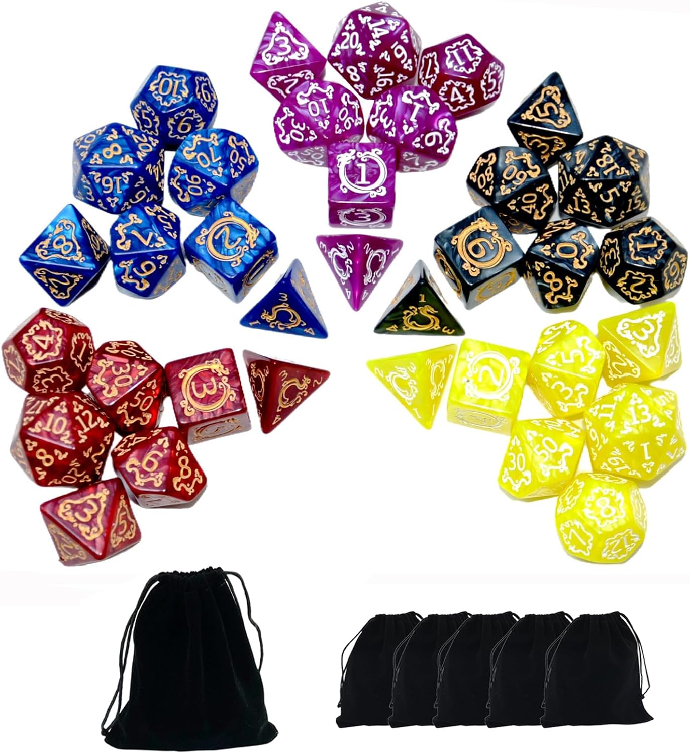 SmartDealsPro Retro Polyhedral Dice Sets with Pouches for D&D DND RPG MTG Dungeon and Dragons Table Board Roll Playing Games D4 D6 D8 D10 D% D12 D20