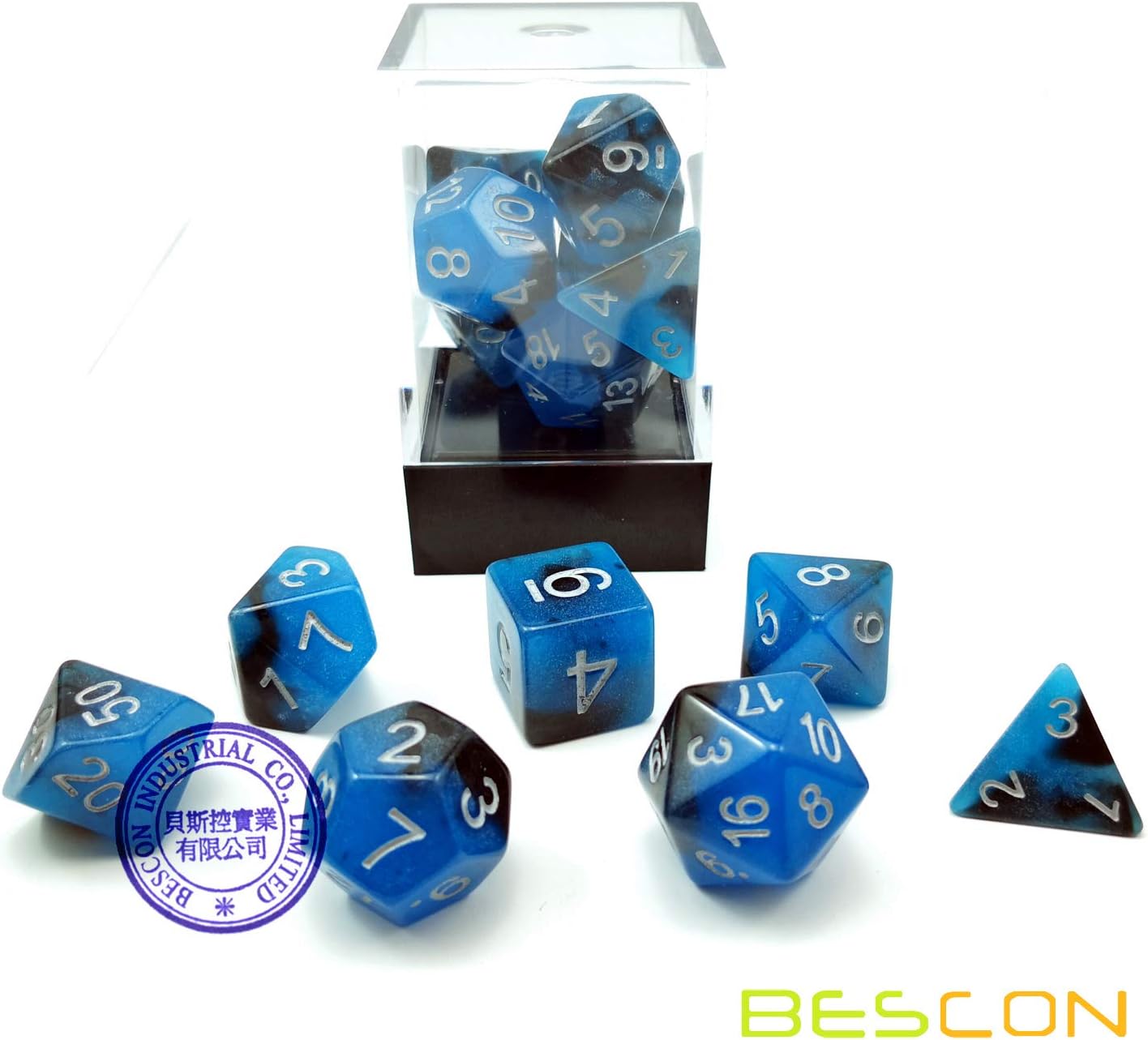 Bescon Two-Tone Glow-in-The-Dark Polyhedral Dice Set Blue Dawn, Luminous RPG Dice Set d4 d6 d8 d10 d12 d20 d% Brick Box Pack