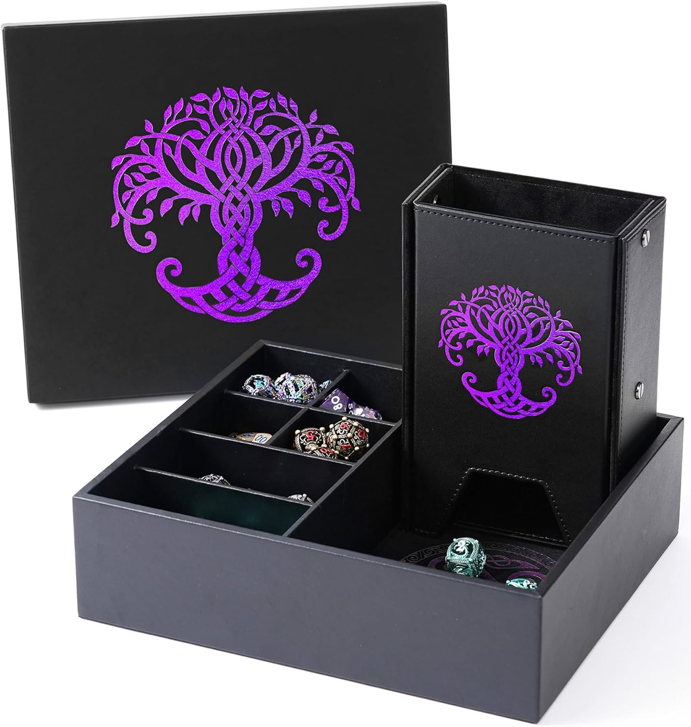 Dice Tray and Dice Tower for DND and RPG - All-in-One Game Roamer Tray & Large Tower for Random Rolls - Stores Your Sets, Mini's and More Compatible with D&D (Purple Tree)