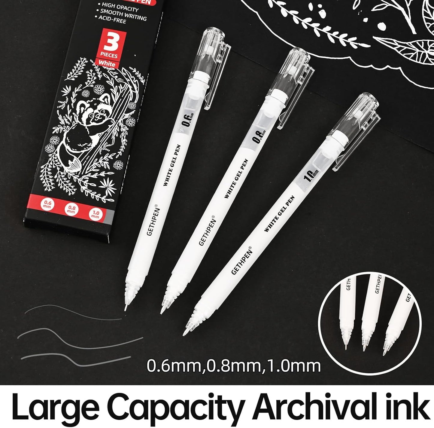 White Gel Pens 3-Pack - 0.6/0.8/1.0mm Fine to Bold Tips for Journaling & Art - Opaque Ink on Dark Paper, Holiday Cards & DIY Gifts
