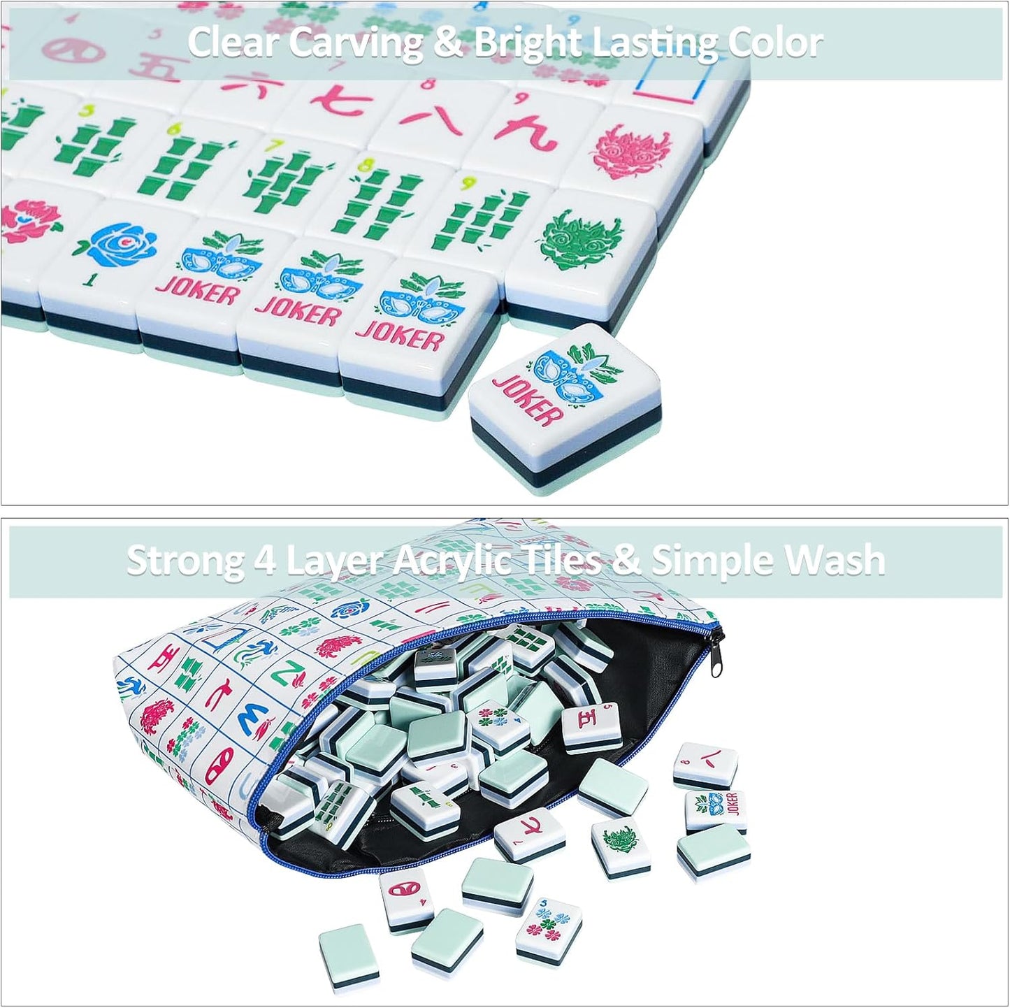 American Mahjong Tile Set with160 Acrylic 4 Layer Engraved Mahjong Tiles, Mahjong Tiles Bag and Accessories