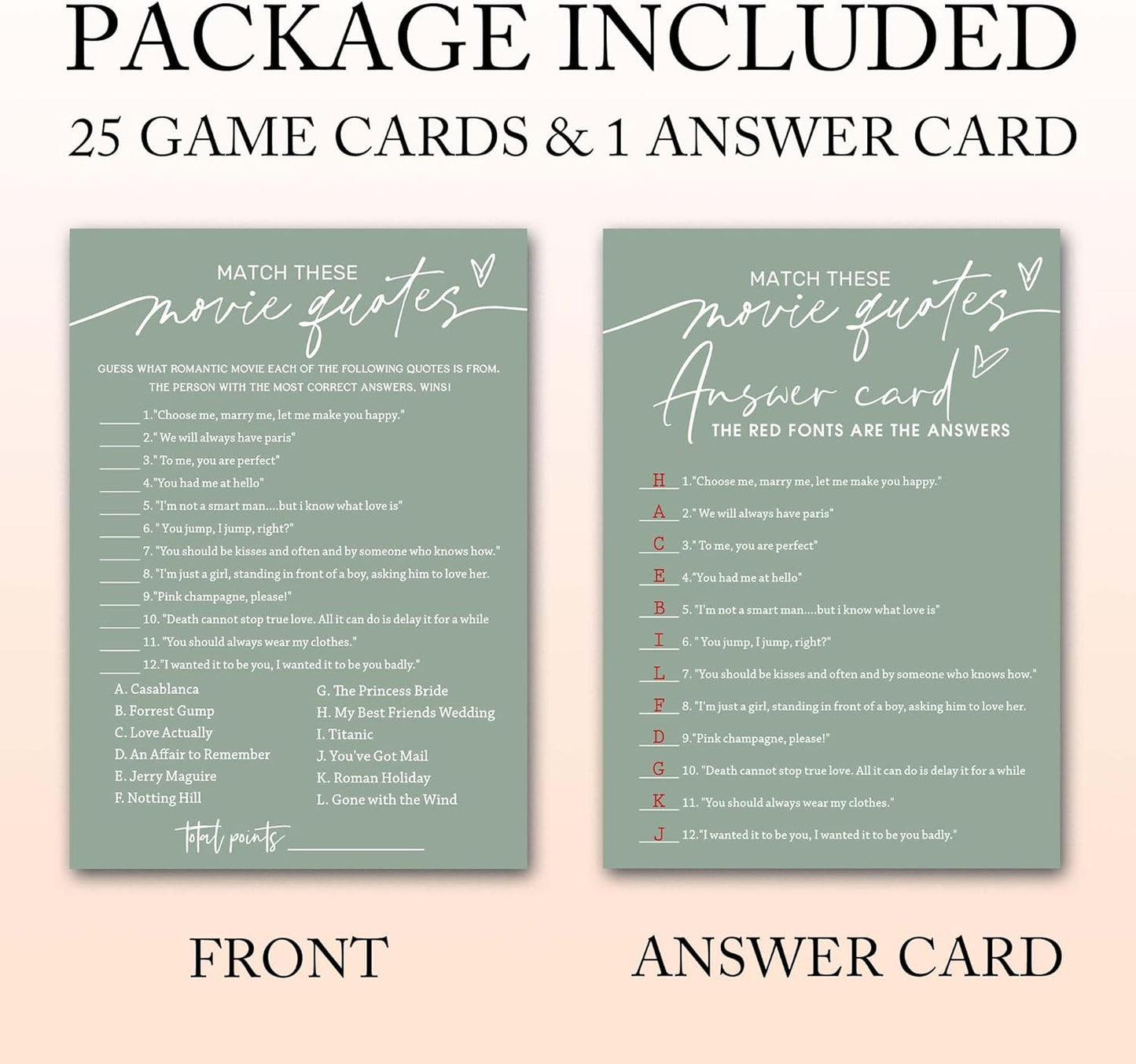 Bridal Shower Games Cards, Match These Movie Quotes, 25 Game Cards with 1 Answer Card, Engagement Party Wedding Games for Guests, Minimalist Green Wedding Party Supplies - C09
