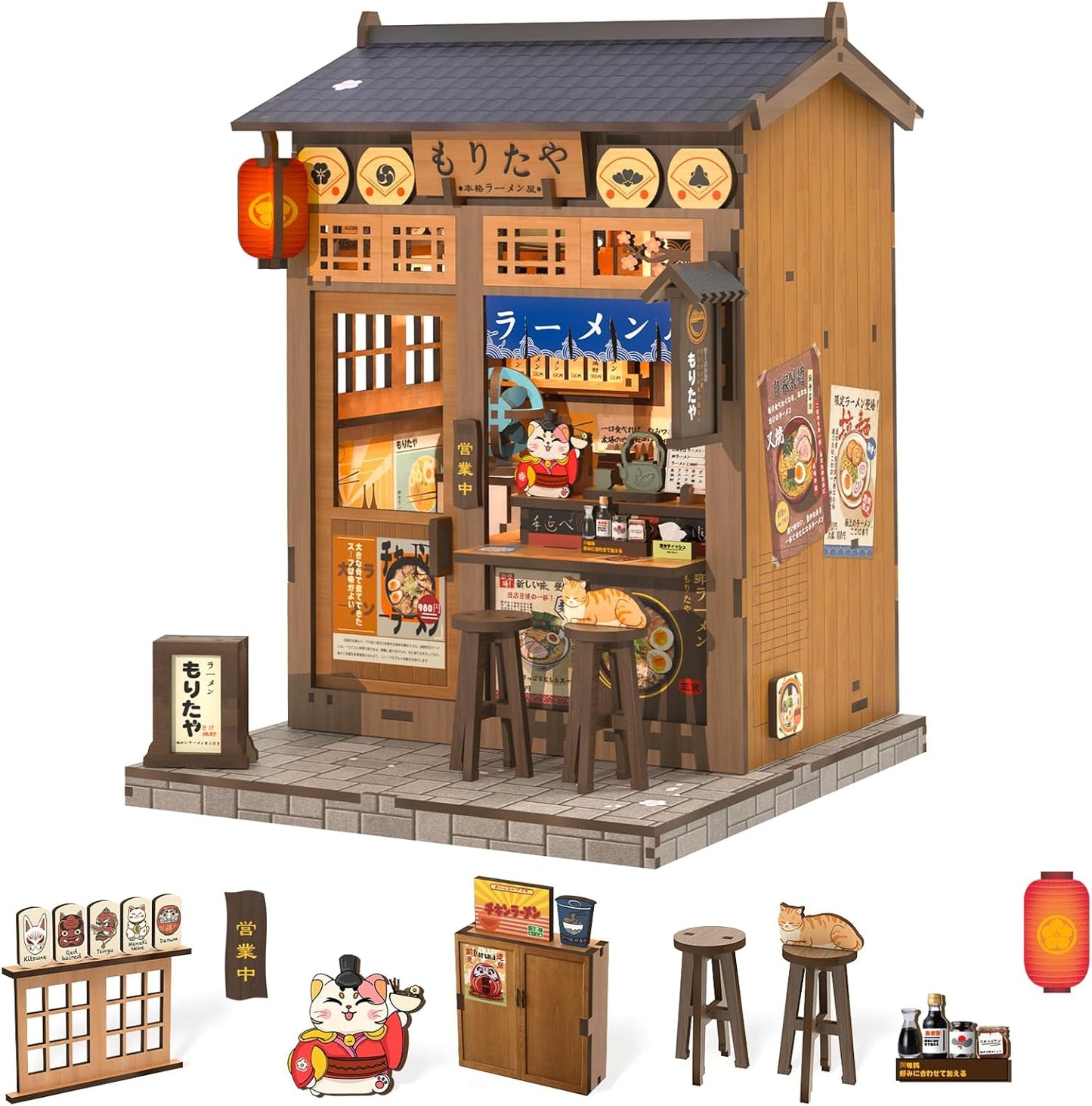 Fsolis Japanese Book Nook Kit - DIY Miniature Scene House Kit, 3D Puzzles for Adults, 220 Wooden Pieces, Tiny House Mini Booknook Craft Shelf Decor, Gifts for Women Model Lovers (Morita-Ya Ramen)