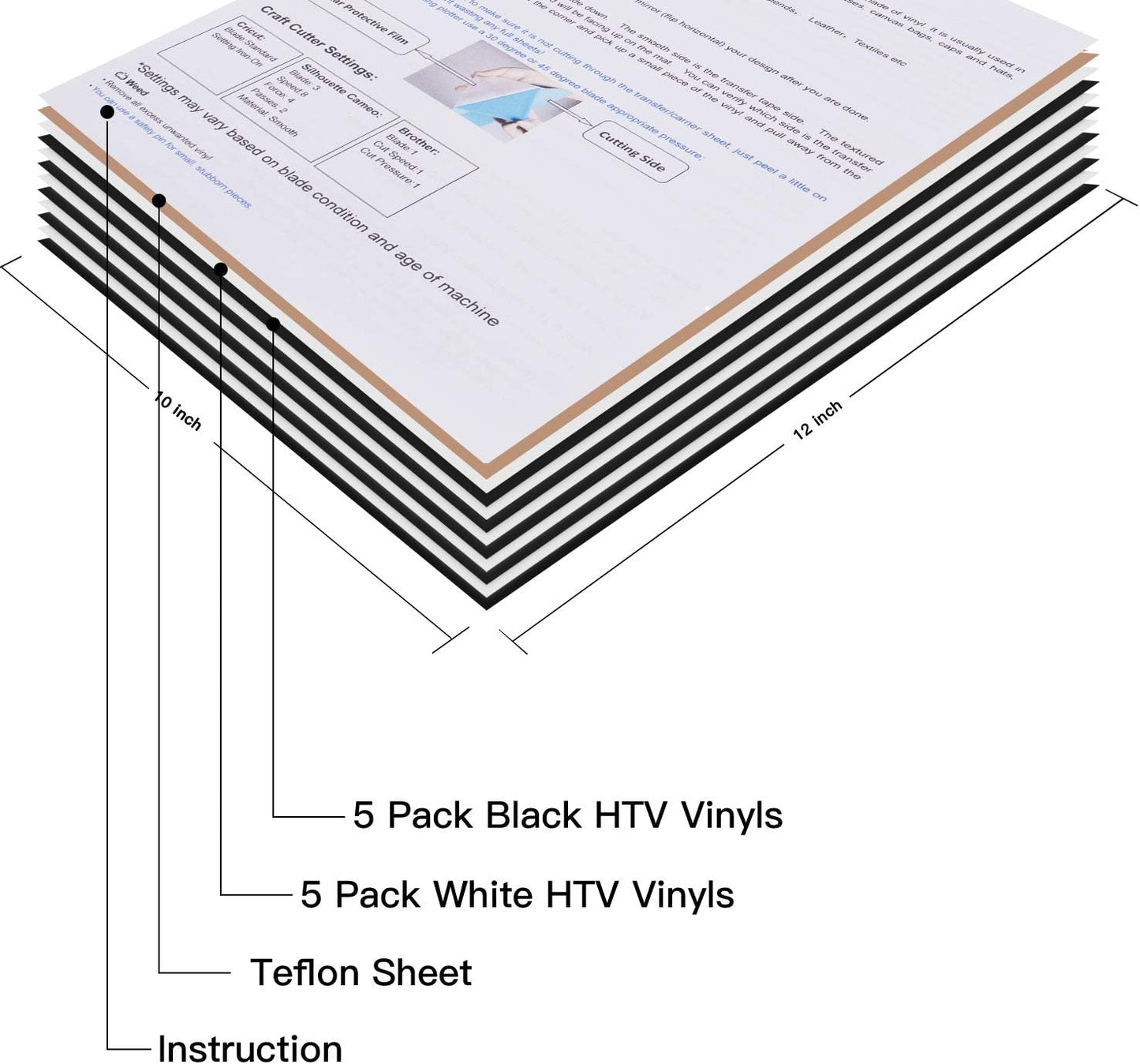 JANDJPACKAGING Heat Transfer Vinyl HTV Bundle - 5 White and 5 Black 12" X 10" Iron on Vinyl, HTV Vinyl for Cricut Silhouette Cameo Heat Press Machine with Teflon Sheet Included