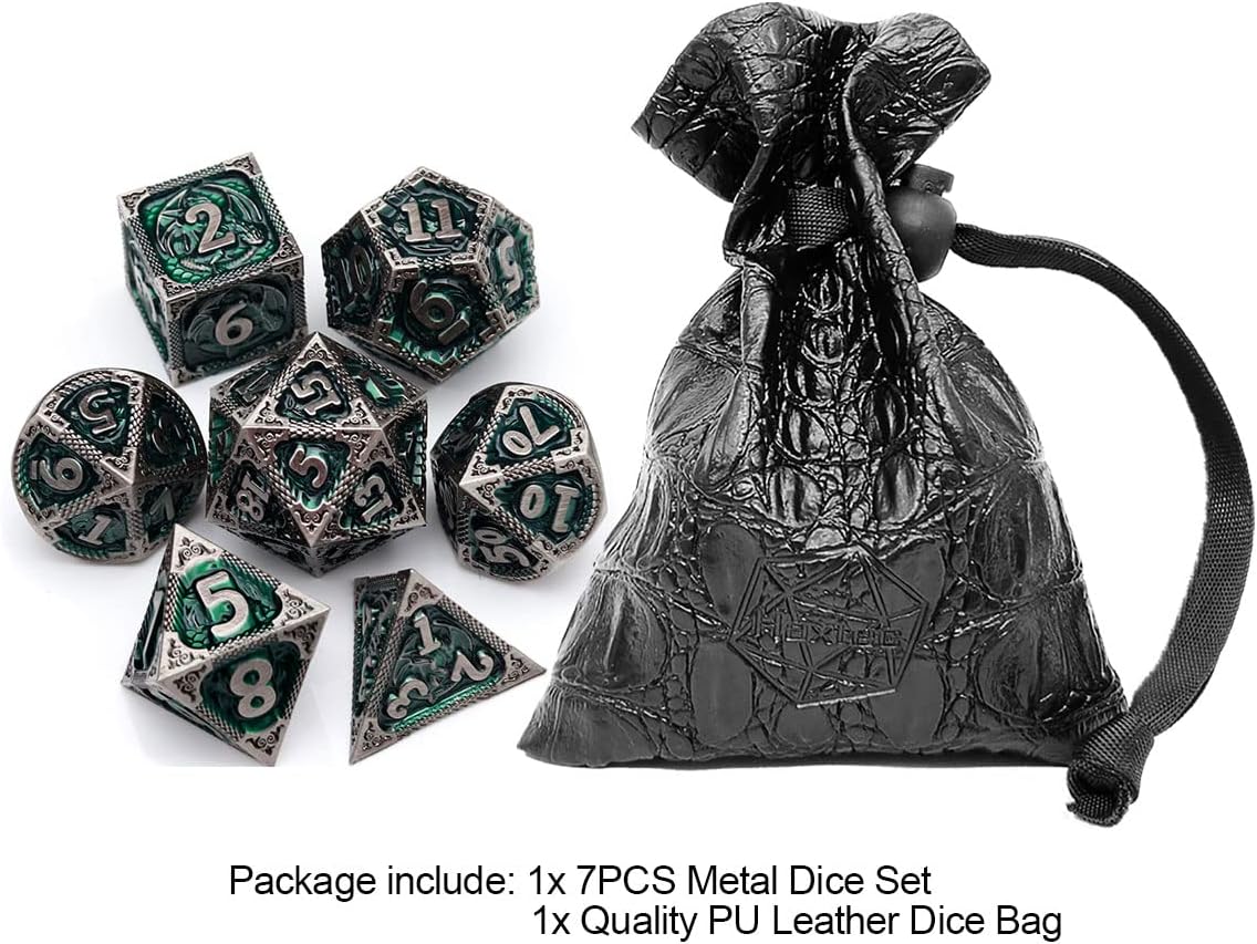 Haxtec DND Dice Set Metal D&D Dice Set with Leather Dice Bag Antique Iron Green Metal Polyhedral Dice Compatible with Dungeons and Dragons TTRPG Gifts