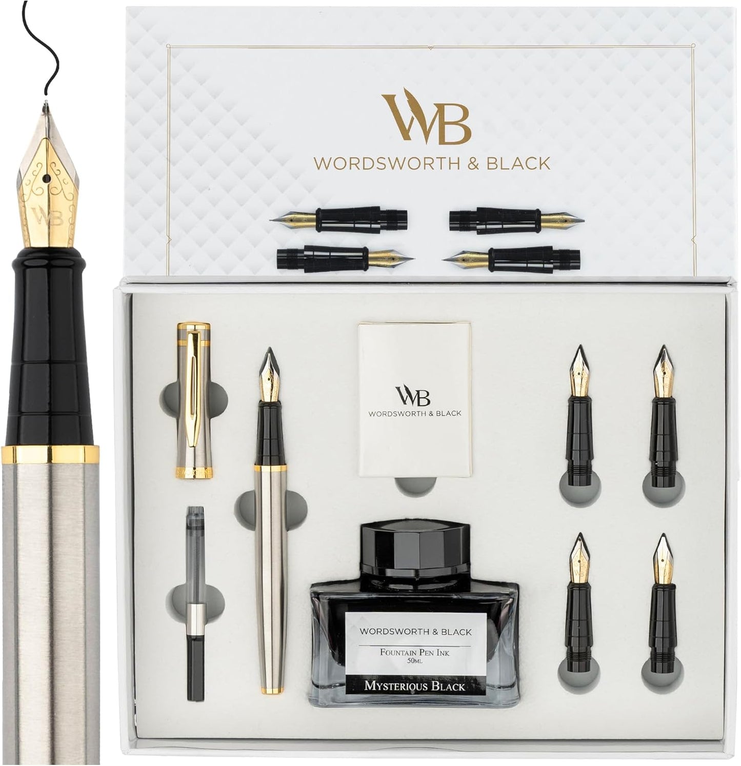 Wordsworth & Black Fountain Pen Gift Set, Includes Ink Bottle, 6 Ink Cartridges, Refill Converter, 4 Replacement Nibs, Premium Package, Journaling, Calligraphy, Smooth Writing Pens [Silver Gold]
