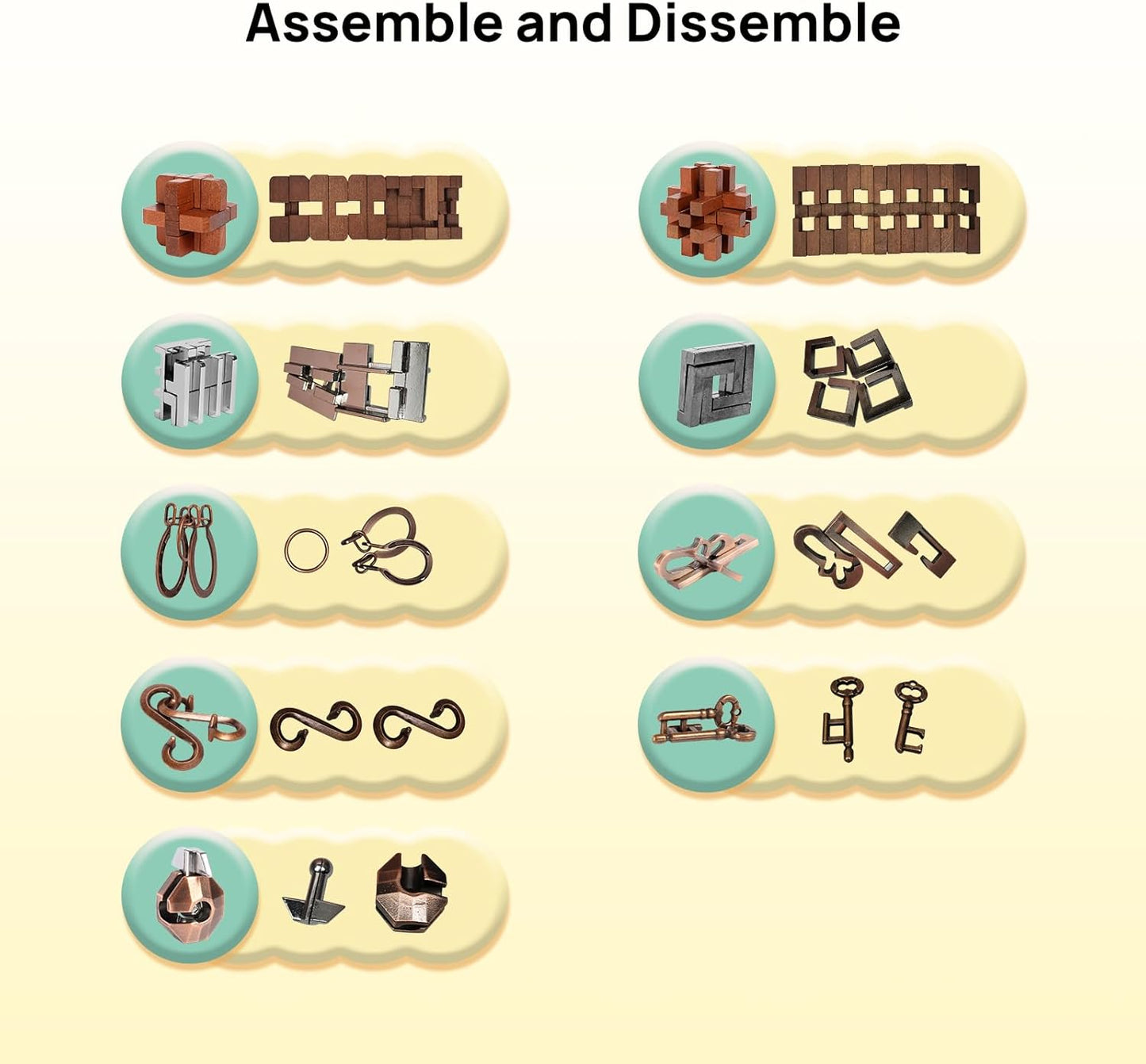 9pcs Puzzles Bulk Gift for Kids, Teens, and Adults Retro Wooden and Metal Unlock Interlock Brain Teaser Toys.