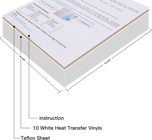 JANDJPACKAGING White Heat Transfer Vinyl HTV Bundle 10"x12"- 10 Pack of Premium White HTV Sheets - Iron On Vinyl for T-Shirt Best HTV Vinyl for Silhouette Cameo,Cricut