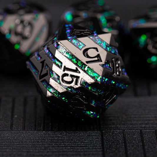 Metal Stripe Dice,Solid Metallic Glitter Stripes DND Dice with Gift Metal Box for Dungeons and Dragons Tabletop Game (Black Nickel Dark Green)
