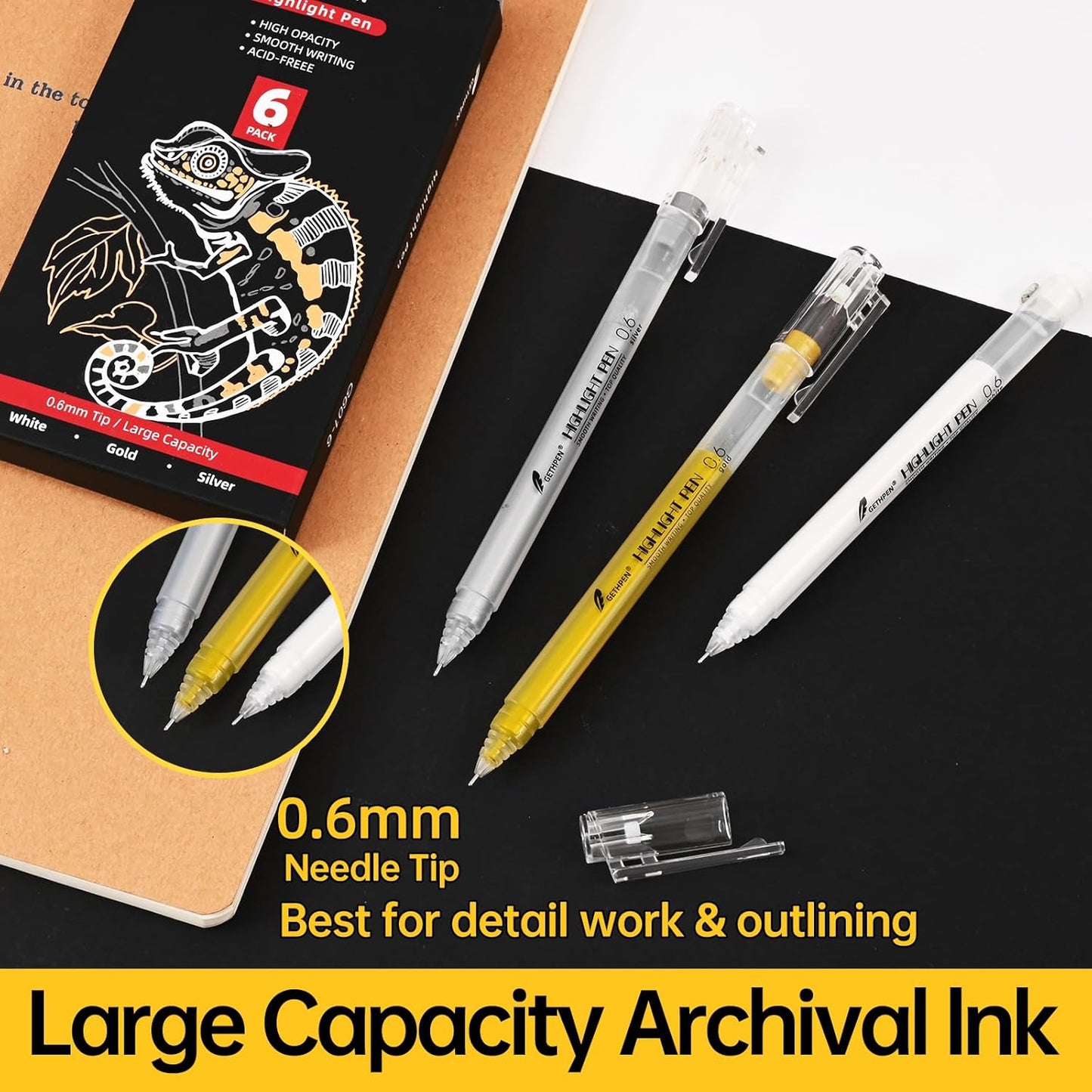0.6mm Fine Point Gold Gel Pens, 3-Pack for Artists Drawing on Black Paper, Sketching, Adult Coloring Books & Holiday Crafts
