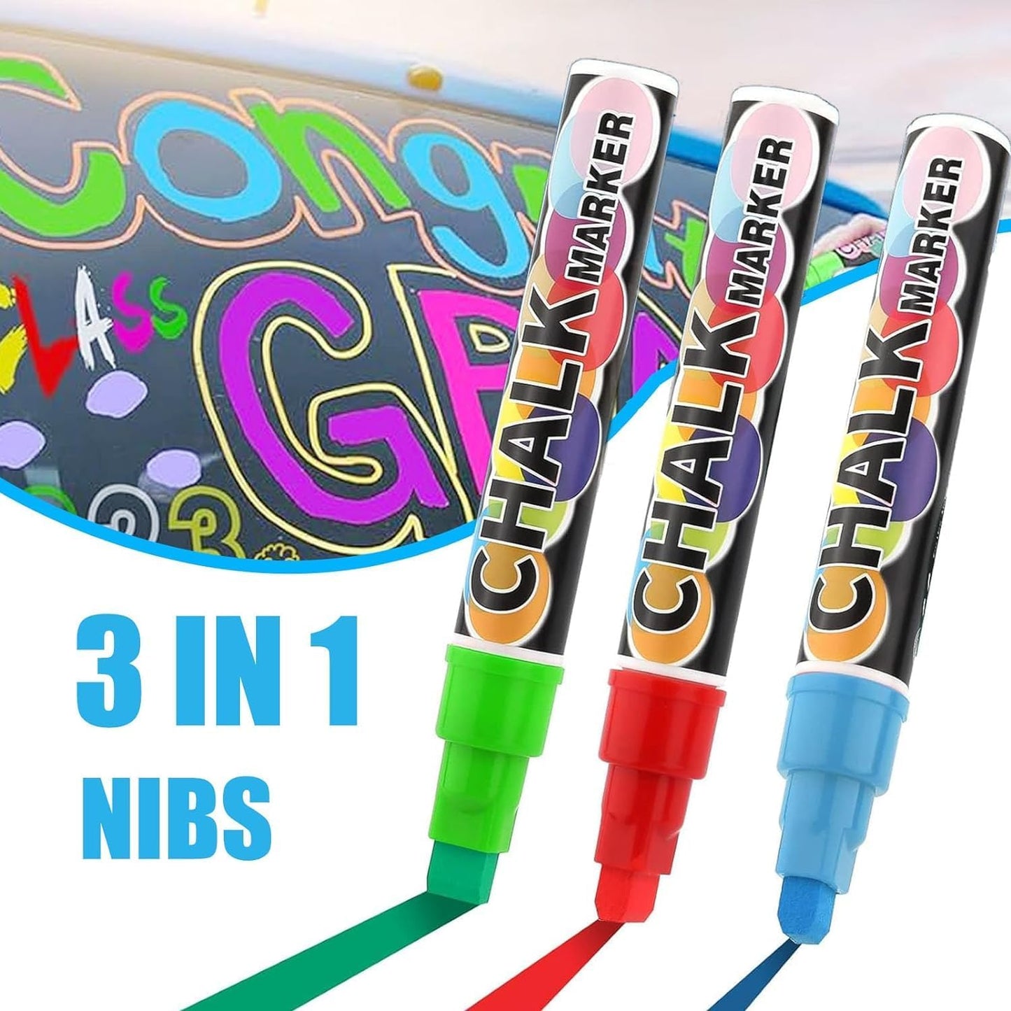 Window Chalk Markers for Cars Glass Washable, 8 Colors Jumbo Liquid Chalk Marker Pens with 15mm 3 in 1 Nib Wide Tip, Chalkboard Markers Car Window Paint Pen for Auto, Mirror, Poster, Business