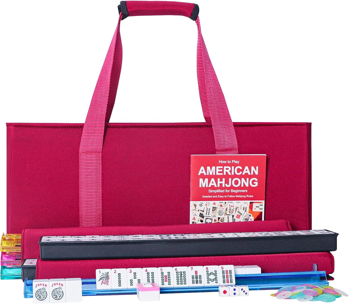 ZGME American Mahjong Set,166 White Tiles with Red Bag and Accessories,4 All-in-One Mahjong Racks with Pushers,Complete Western Mahjong Set