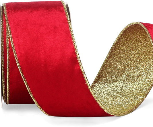 Ribbli Red Velvet Wired Ribbon 2.5 Inch Red Velvet with Gold Glitter Christmas Ribbon for Christmas Tree Decoration Big Bow Gift Wrapping Crafts Wreaths Supplies- 10 Yards