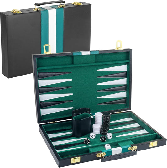 Backgammon Set 2 Players Classic Backgammon Sets for Adults Board Game with Black PU Leather Case Portable and Travel Backgammon Set (Green, 15inch)