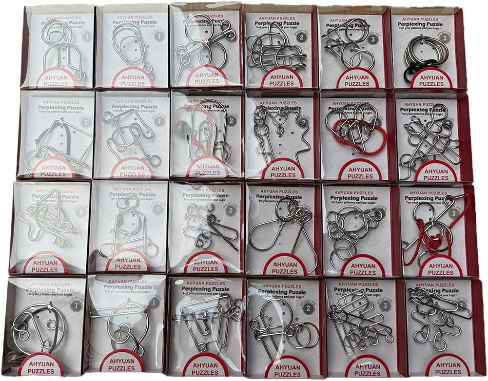 AHYUAN 24 Packs Large Metal Puzzles Brain Teaser IQ Wire Puzzles with Individual Backside Solution Paper Box Gift Package Educational Puzzle Games Toys Magic Trick Toy Party Favors for Kids Adults