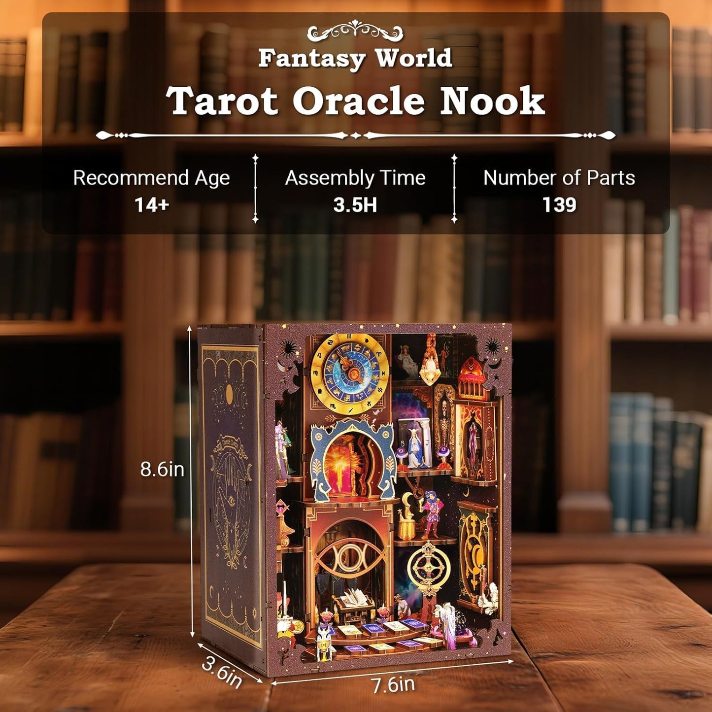 Tarot Book Nook Kit - 3D Wooden Puzzle for Adults, Teens & Beginners, DIY Miniature Bookshelf Insert with LED Light, Mysterious Craft Gift for Family, Friends
