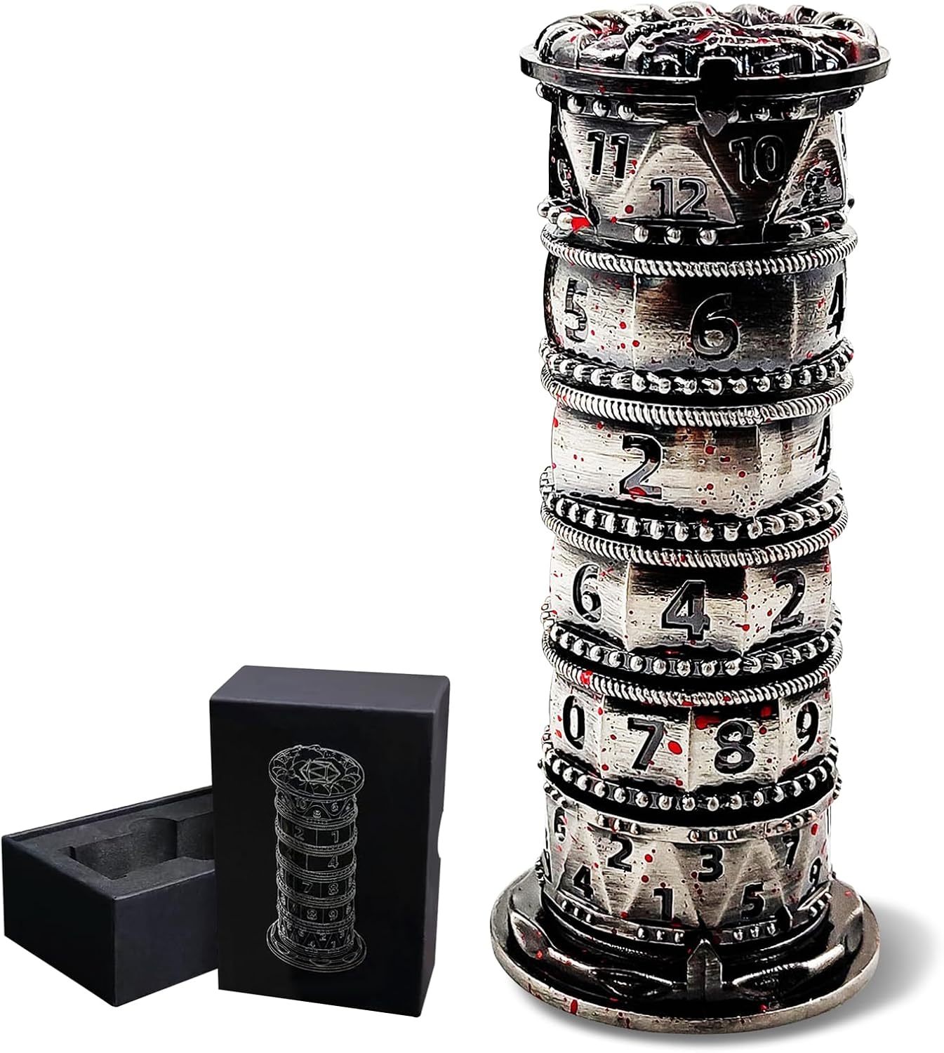 DND Dice Spinner Tower Set - Unique D4 D6 D8 D10 D10% D12 D20 All in One D&D Metal Dice - Cool Role Playing Gifts for Dungeons and Dragons TRPG MTG Games Lover Players (Tower-Bloodstained)