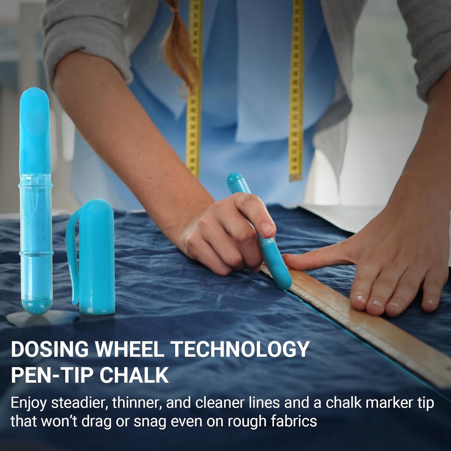 (2-pack) Fabric Chalk Markers -Erase Tailor’s Chalk for Quilting and Sewing - Compatible with Most Fabrics - With Dosing Wheel Technology, Blue & White