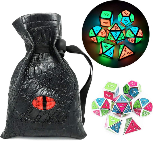 Haxtec Glow in The Dark Glowing Blue Red Green Silver Metal Dice Set D&D 7PCS DND Dice Set Compatible with Dungeons and Dragons RPG Games-Silver Glowing Blue Green Red