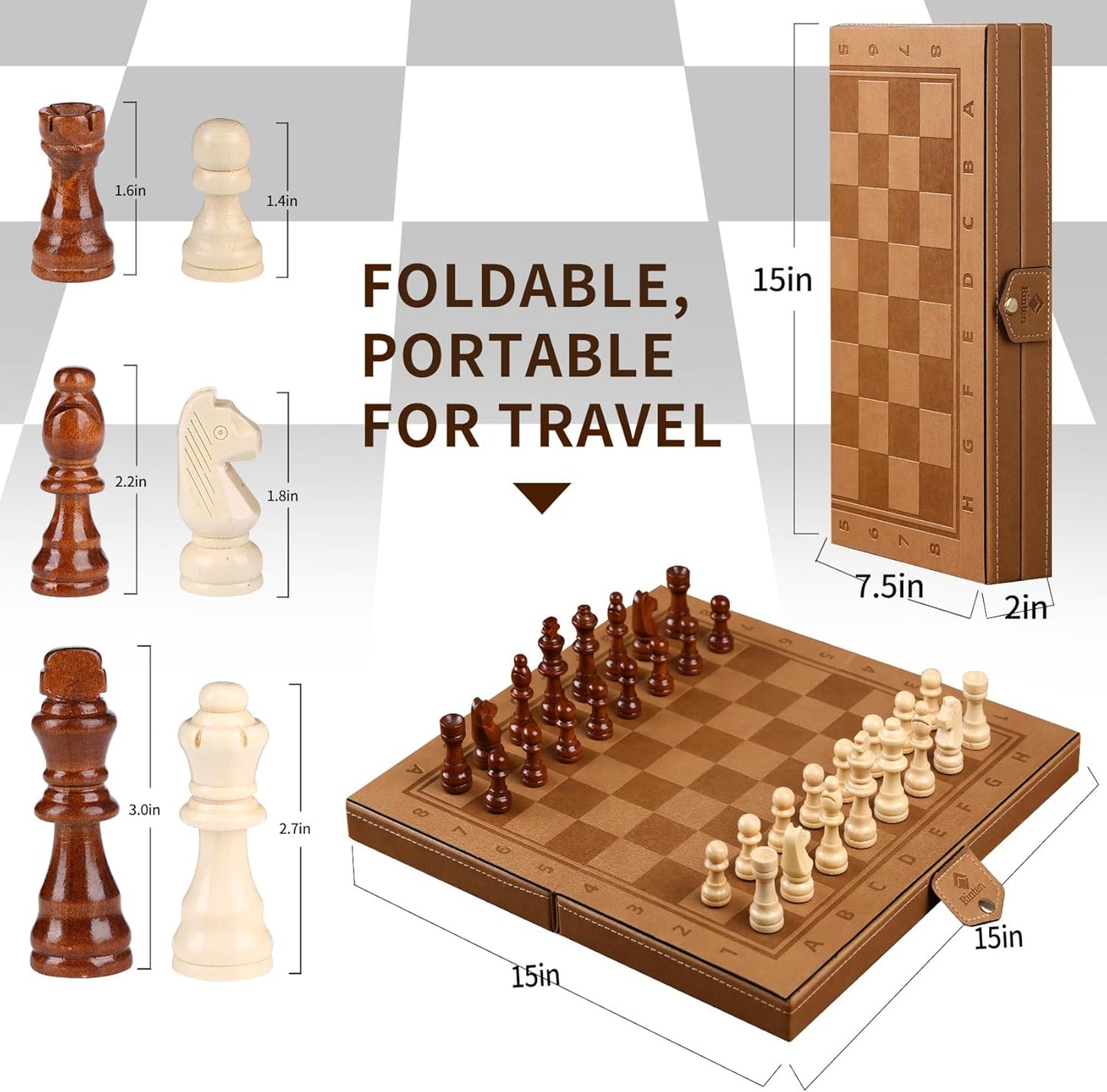 15" Magnetic Chess Set & Checkers Set 2 in 1，Rinten Leather Portable Travel Chess Board Game Sets with Velvet Bag Packaging Beginner Large Chess Set for Kids and Adults