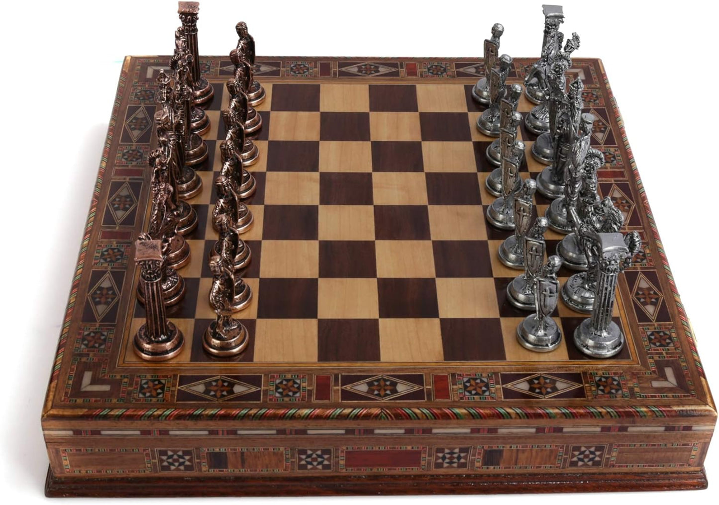 Medieval British Army Antique Copper Metal Chess Set for Adults,Handmade Pieces and Natural Solid Wooden Chess Board with Storage Inside King 3.35inc