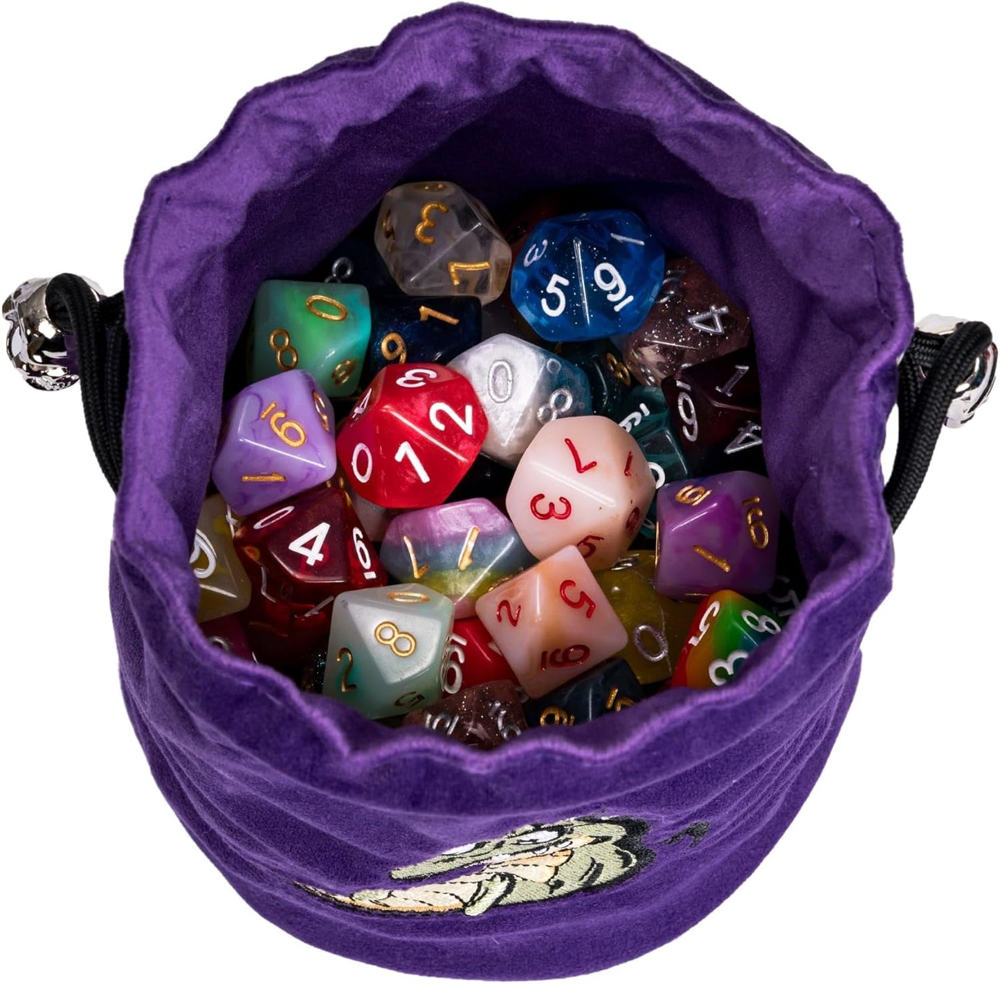 Large DND Dice Bag Purple Velvet Storage Bag with Cartoon Dragon Pattern for Role Playing Games Tabletop Games - Capacity 100+ Polyhedral Dice