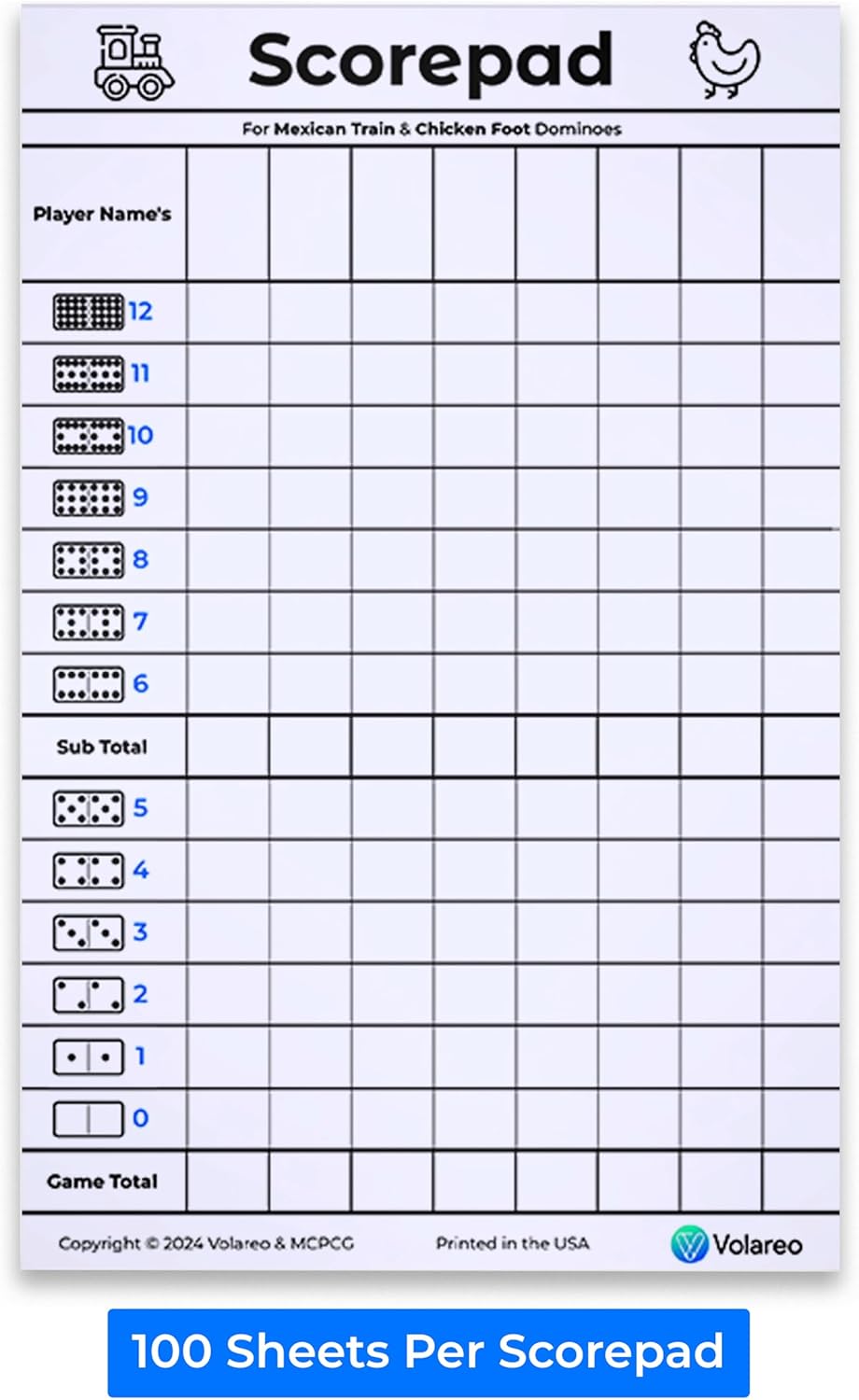 Mexican Train and Chicken Foot Dominoes Score Pad - 100 Scoring Sheets per Scorepad, 8.5 x 5.5 Inches - Score Sheets for Double 12 Domino Sets, White, VO-320