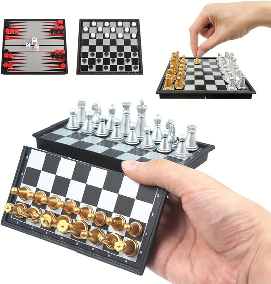 Chess Board Game Set Mini Magnetic Chess Kit Table Game with Folding Case 5'' Portable 3 in 1 Chess Checkers Backgammon Set Travel Game 2 Players