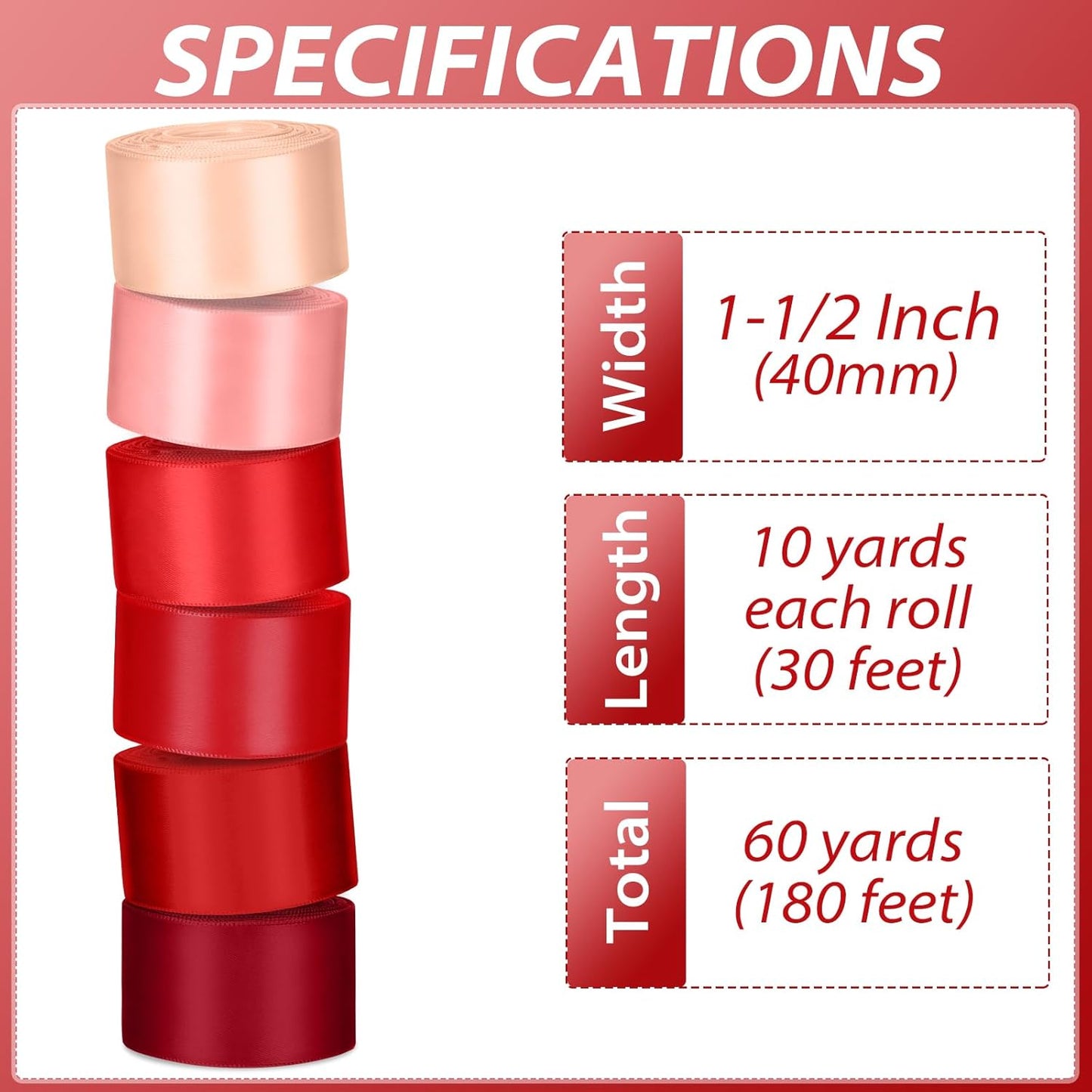 1-1/2 Inch Red Satin Ribbons for Crafts, 6 Rolls Single-Faced Red Assorted Ribbons for Gift Wrapping Flower Bouquet Wedding Invitations Bridal Shower Hair Bows Garland Party Decor